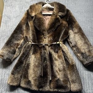 VTG Russell Taylor Faux Fur Coat Belted Women's M/L Brown Patchwork 60s 70s READ